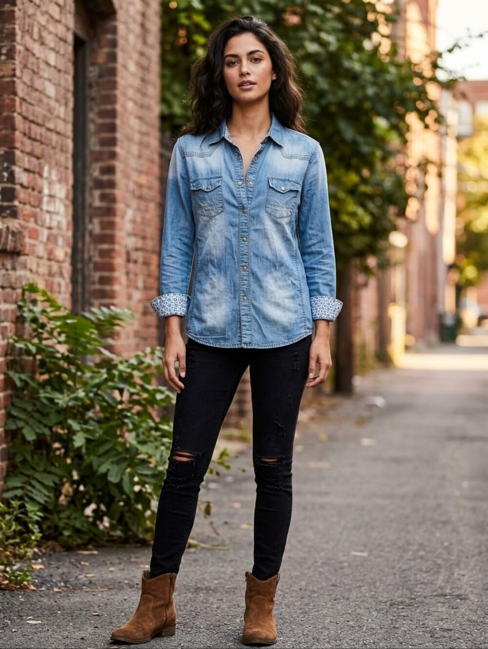 Bruno Leoni Denim Western Pearl Snap Shirt Faded Wash Chambray Yoke Top Size L